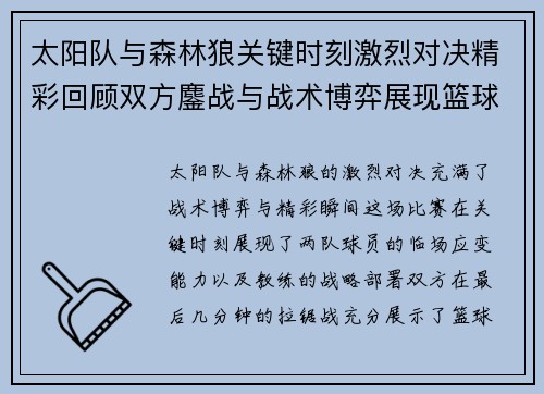太阳队与森林狼关键时刻激烈对决精彩回顾双方鏖战与战术博弈展现篮球魅力